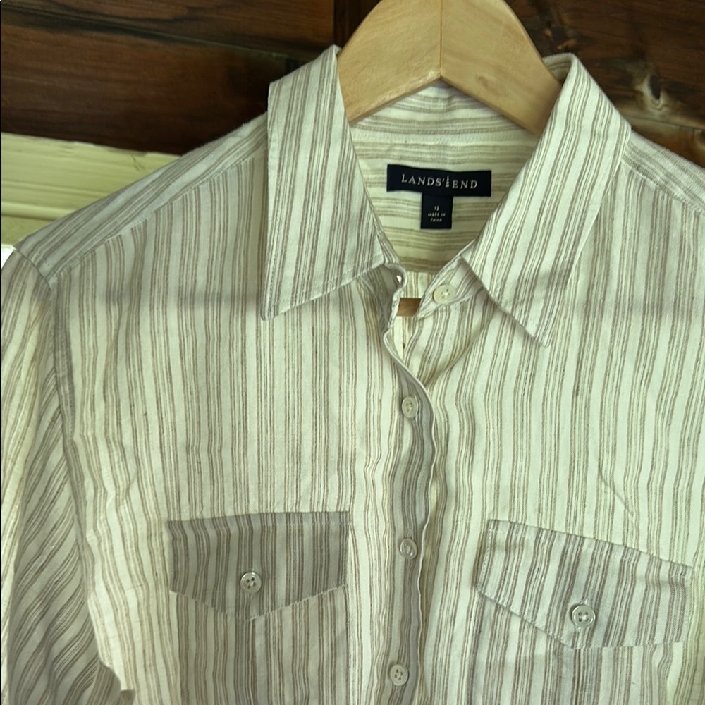 Linen Lands’ End Striped Button Down Shirt Sz 12 - Picture 3 of 13